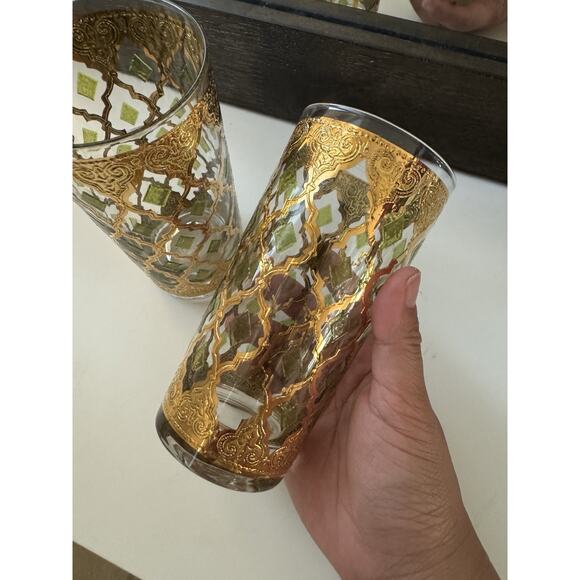2 VTG Culver Glass Valencia 22K Gold Green Diamond 5 1/2” Tumblers MCM - Picture 3 of 3
